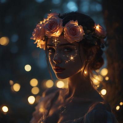 The primary subject of the image is a woman wearing a flower crown and a star-shaped headband. She is standing in front of a tree, which serves as the setting or background of the scene. The visual style of the image is a combination of photo and digital art, creating a unique and artistic representation of the woman. The colors and mood of the image are predominantly warm and inviting, with the woman's flower crown and star-shaped headband adding a touch of whimsy and creativity